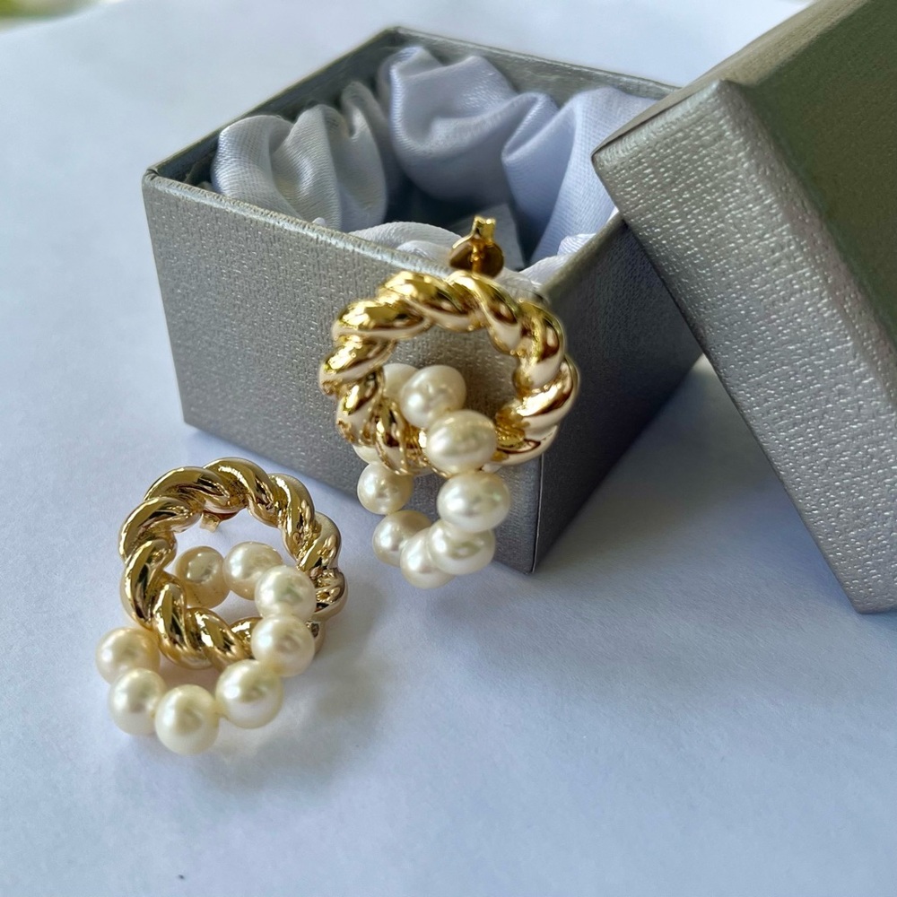 Textured 24K Gold plated with genuine freshwater pearls statement earrings.